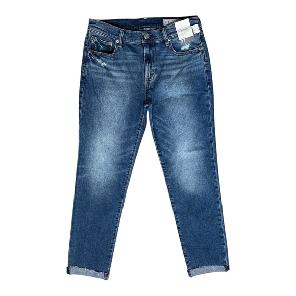 GAP Girlfriend Mid Rise Jeans sz 27/4 Tall Medium Wash Cuffed Raw Hem Stretch - Picture 2 of 11